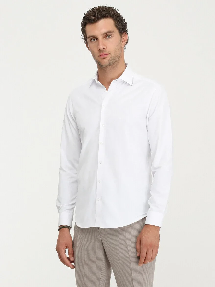 White Micro Regular Fit Weaving Classical Cotton Blended Shirt - 1