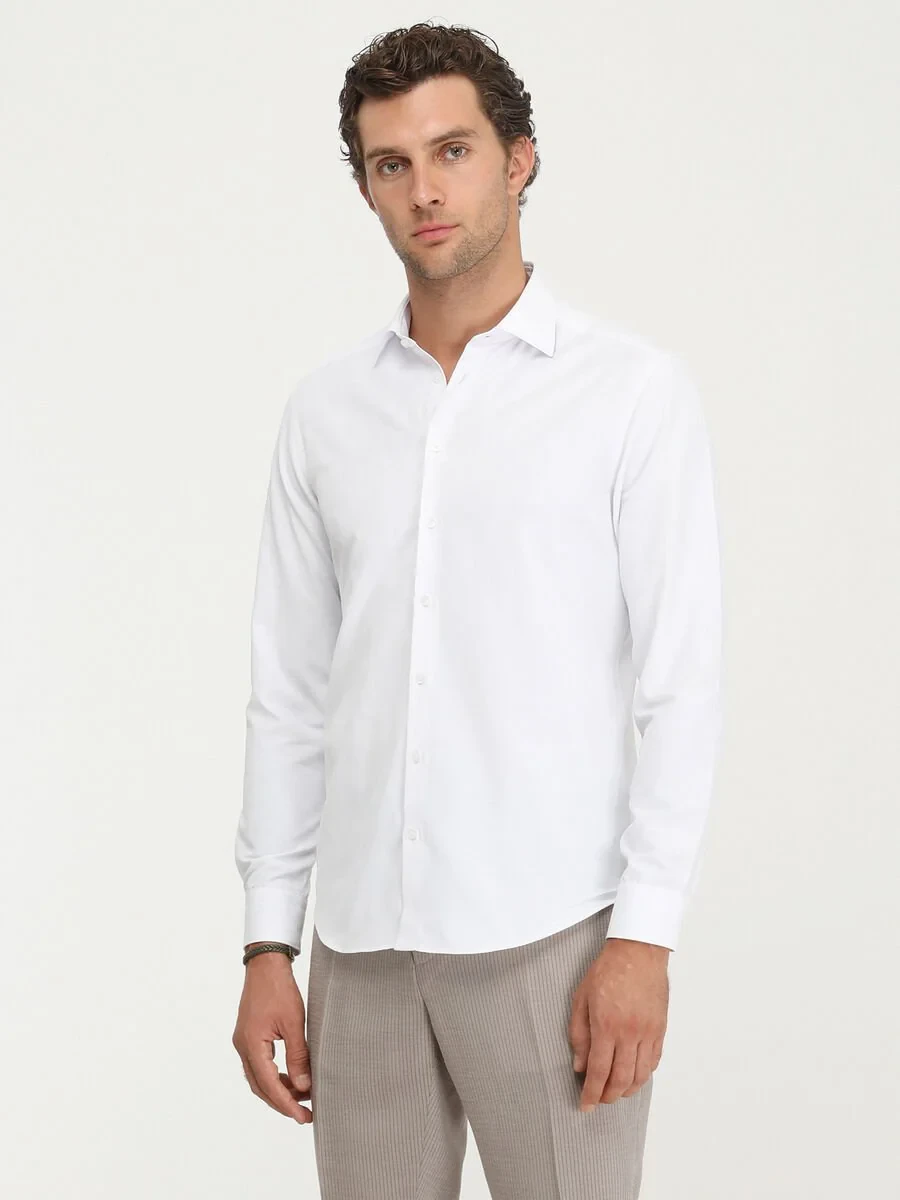 White Micro Regular Fit Weaving Classical Cotton Blended Shirt - 1