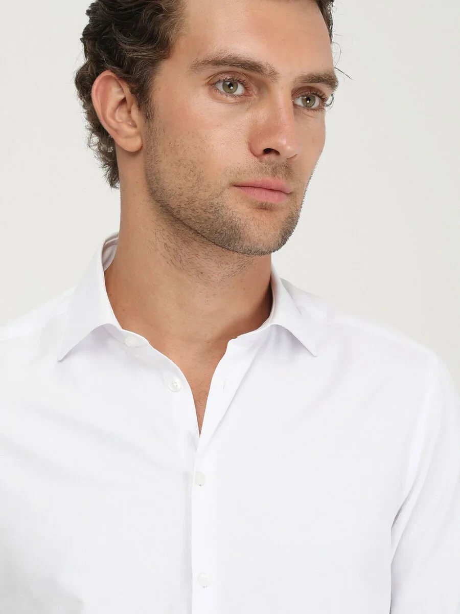 White Micro Regular Fit Weaving Classical Cotton Blended Shirt - 4