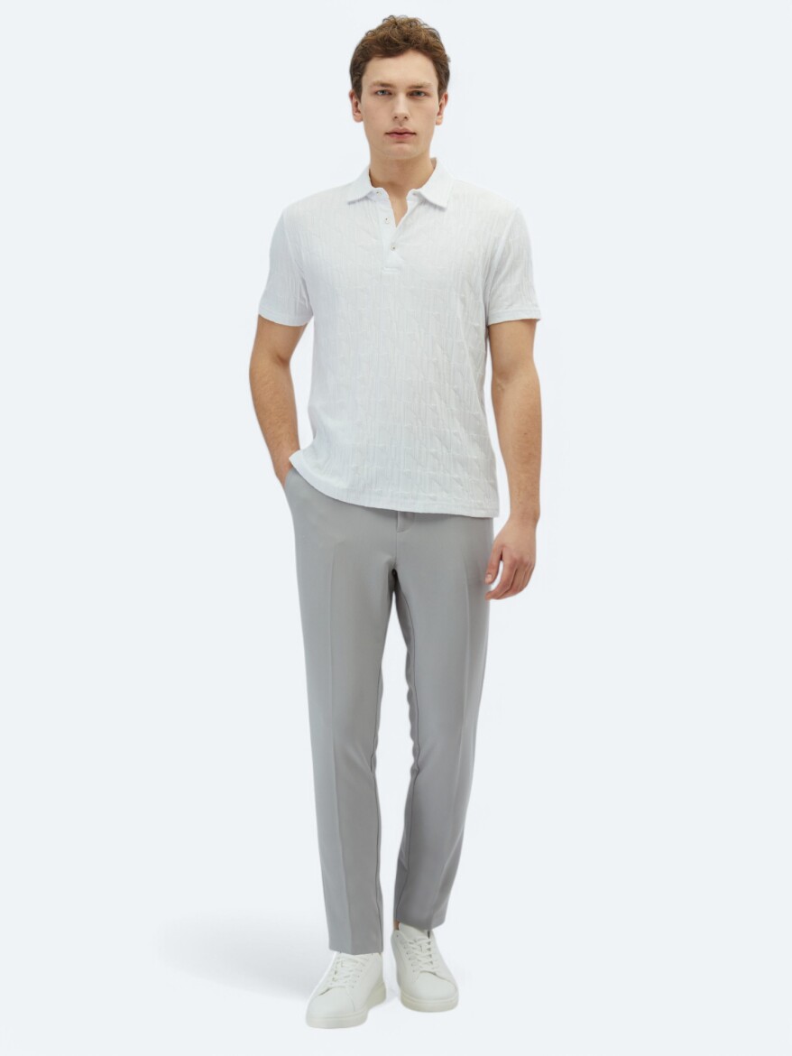 White Patterned Polo Neck 100% Cotton T-Shirt - KİP