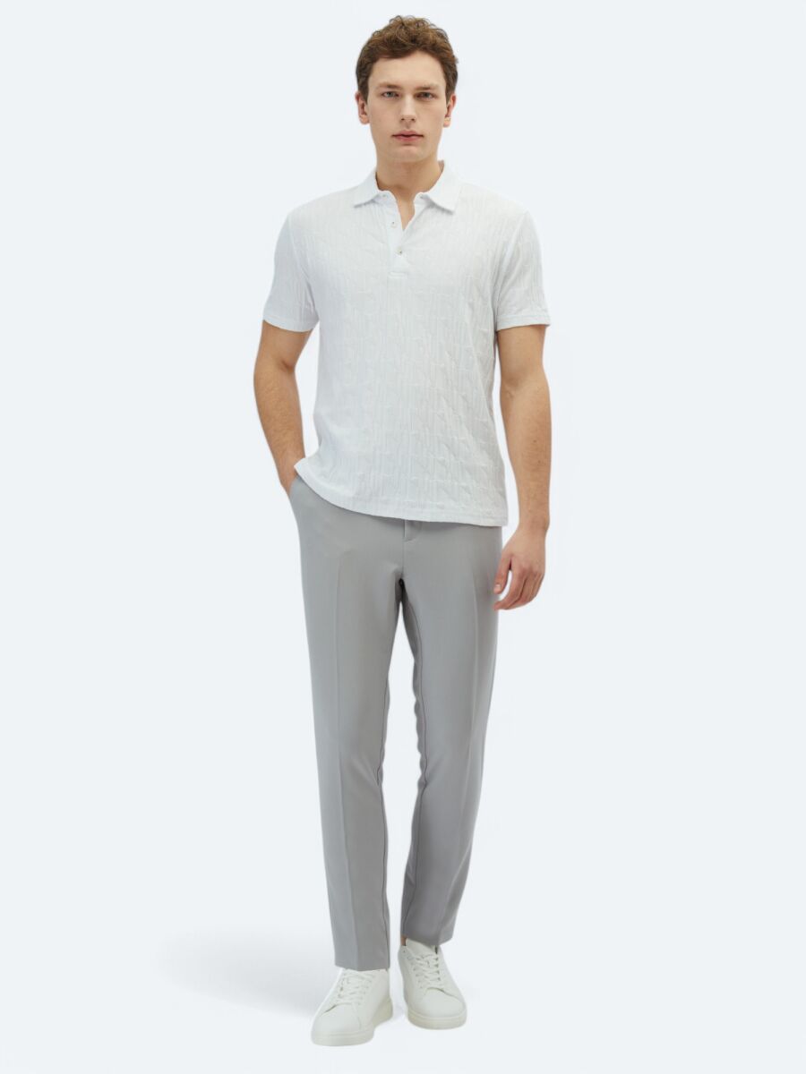 White Patterned Polo Neck 100% Cotton T-Shirt - 2