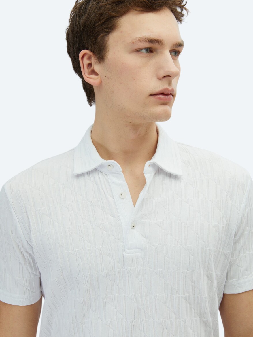 White Patterned Polo Neck 100% Cotton T-Shirt - 3