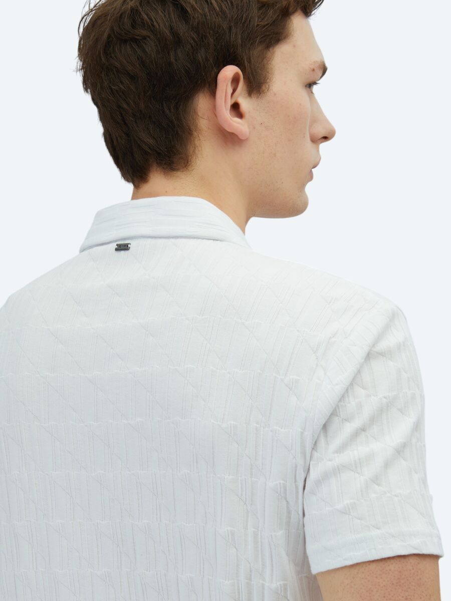 White Patterned Polo Neck 100% Cotton T-Shirt - 5
