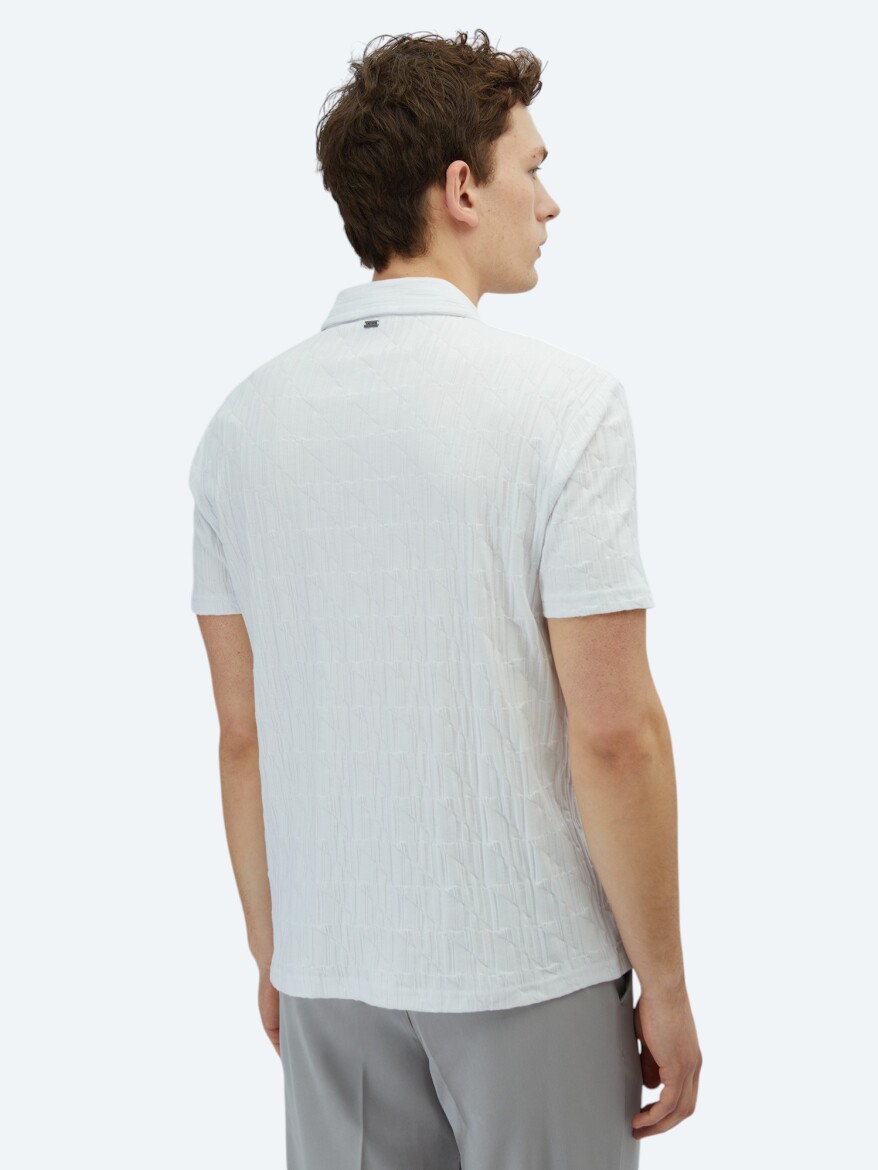 White Patterned Polo Neck 100% Cotton T-Shirt - 6
