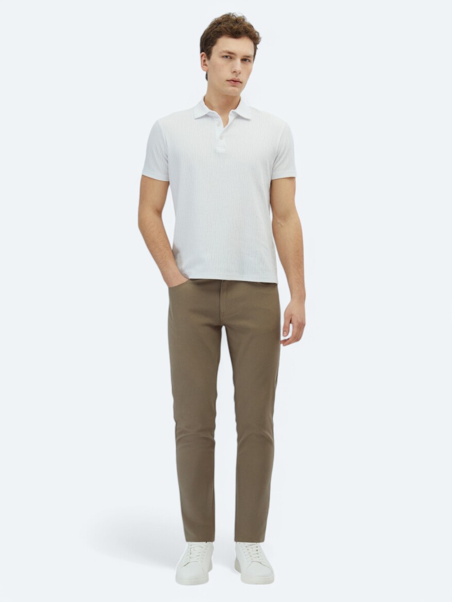 White Patterned Polo Neck Cotton Blended T-Shirt - KİP