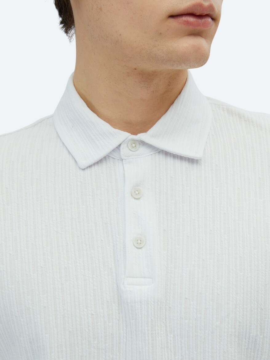 White Patterned Polo Neck Cotton Blended T-Shirt - 4