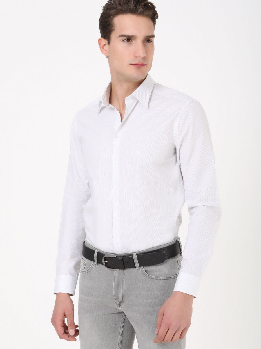 White Patterned Regular Fit Long Weaving Classical 100% Cotton Shirt - 3