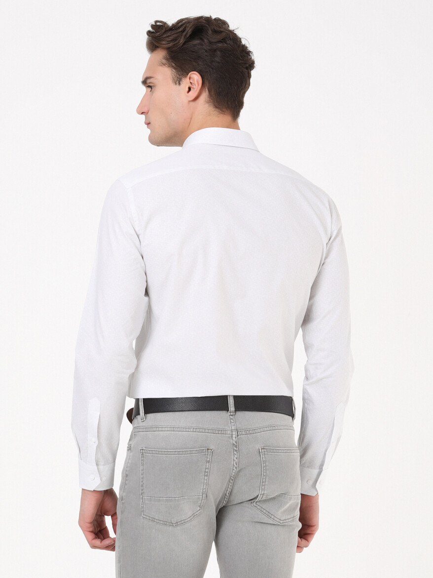 White Patterned Regular Fit Long Weaving Classical 100% Cotton Shirt - 4