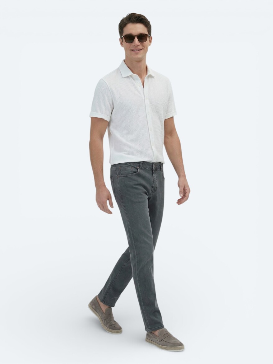 White Patterned Regular Fit Short Knitting Casual 100% Cotton Shirt - 4