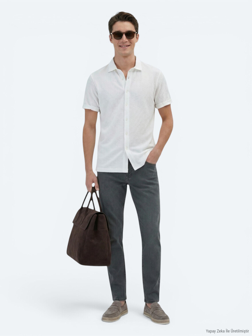 White Patterned Regular Fit Short Knitting Casual 100% Cotton Shirt - KİP