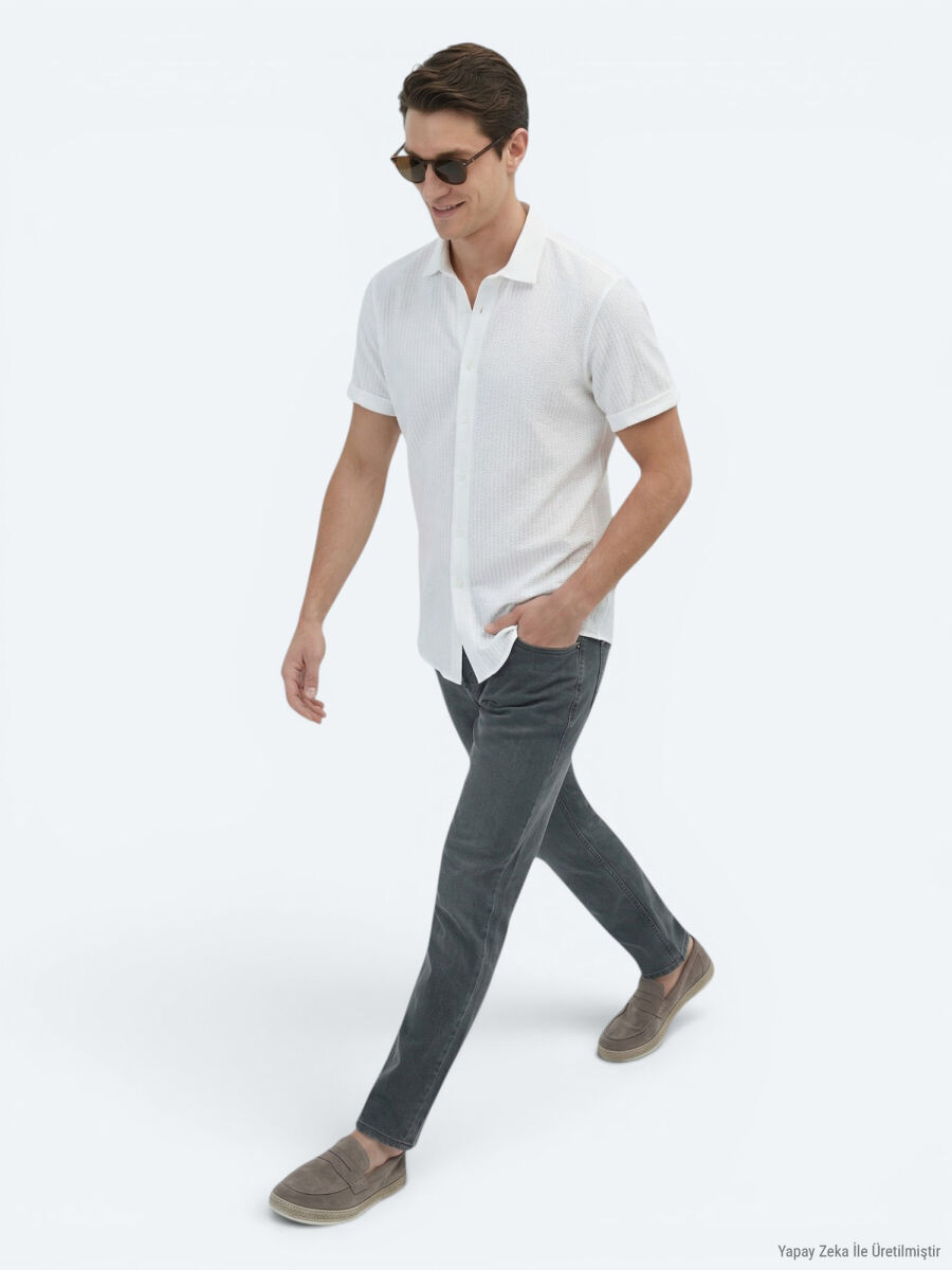 White Patterned Regular Fit Short Knitting Casual 100% Cotton Shirt - 2