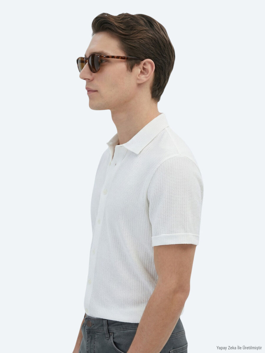 White Patterned Regular Fit Short Knitting Casual 100% Cotton Shirt - 3