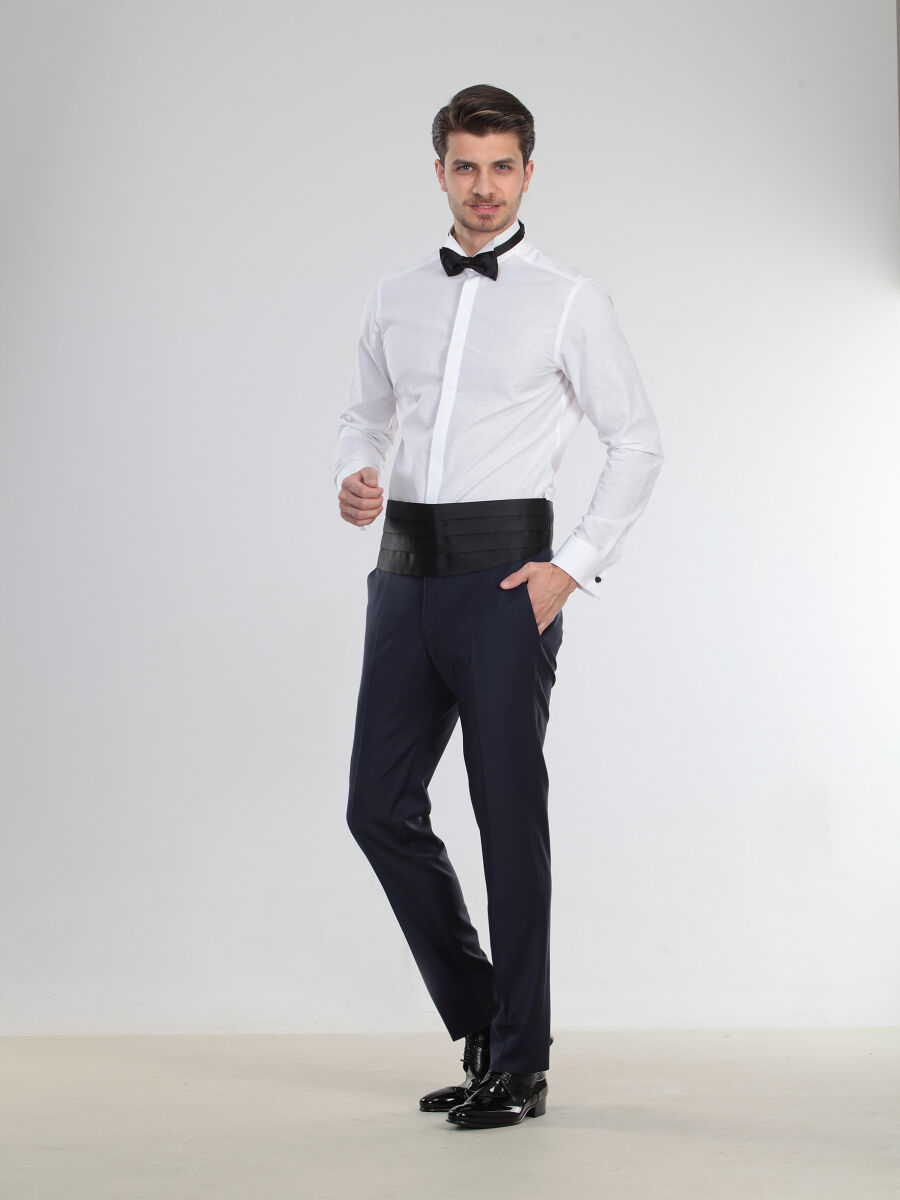 White Patterned Slim Fit Double Cuff Wing Collar Tuxedo Shirts - 1