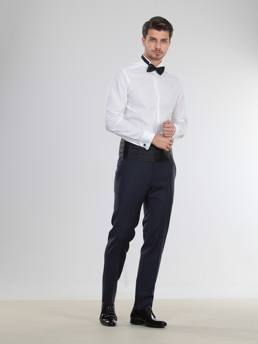 White Patterned Slim Fit Double Cuff Wing Collar Tuxedo Shirts - 3