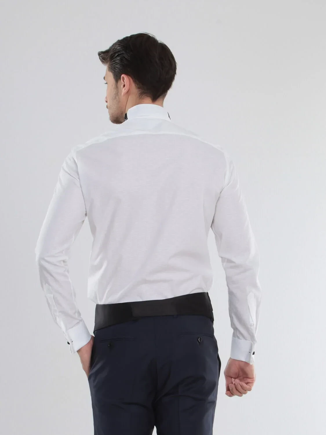 White Patterned Slim Fit Double Cuff Wing Collar Tuxedo Shirts - 6
