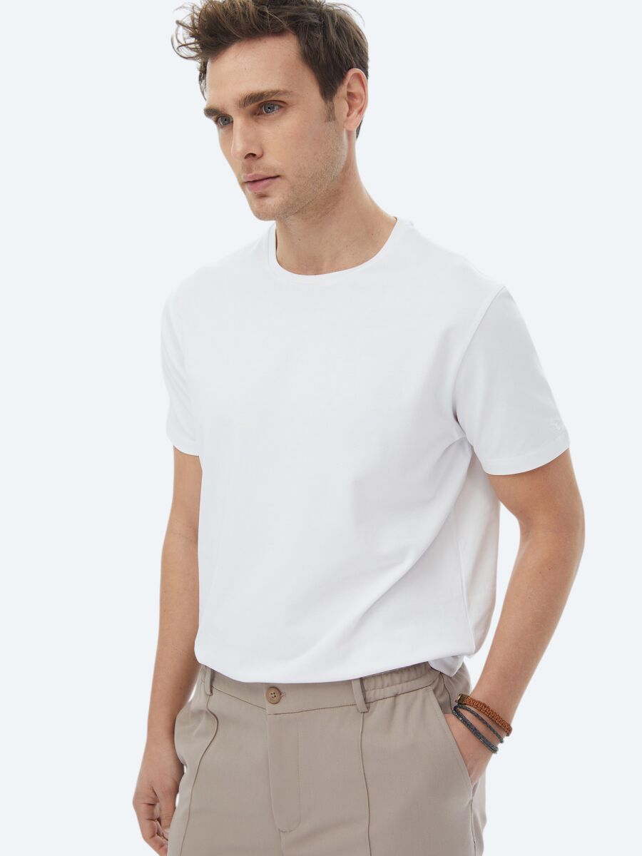 White Plain Crew Neck Cotton Blended T-Shirt - 2