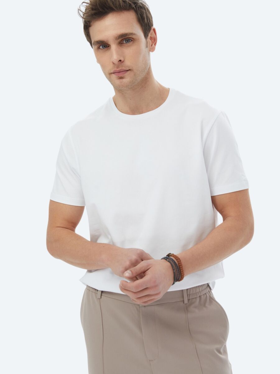 White Plain Crew Neck Cotton Blended T-Shirt - 1