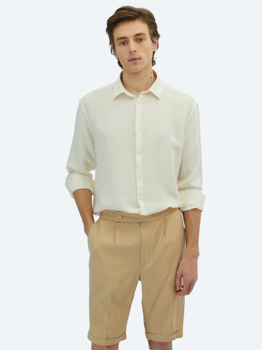 White Plain Oversize Fit Long Weaving Casual Cotton Blended Shirt - KİP