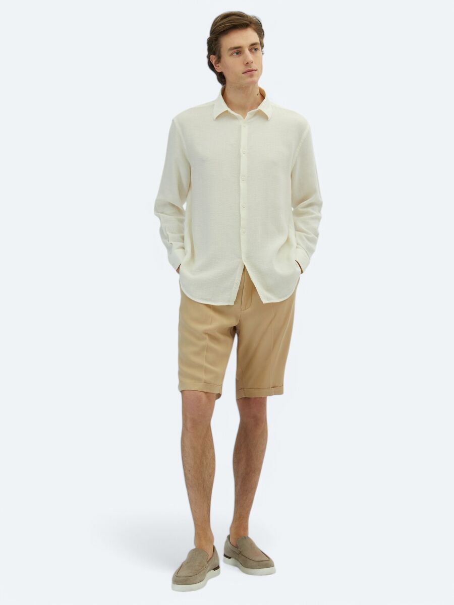 White Plain Oversize Fit Long Weaving Casual Cotton Blended Shirt - 2