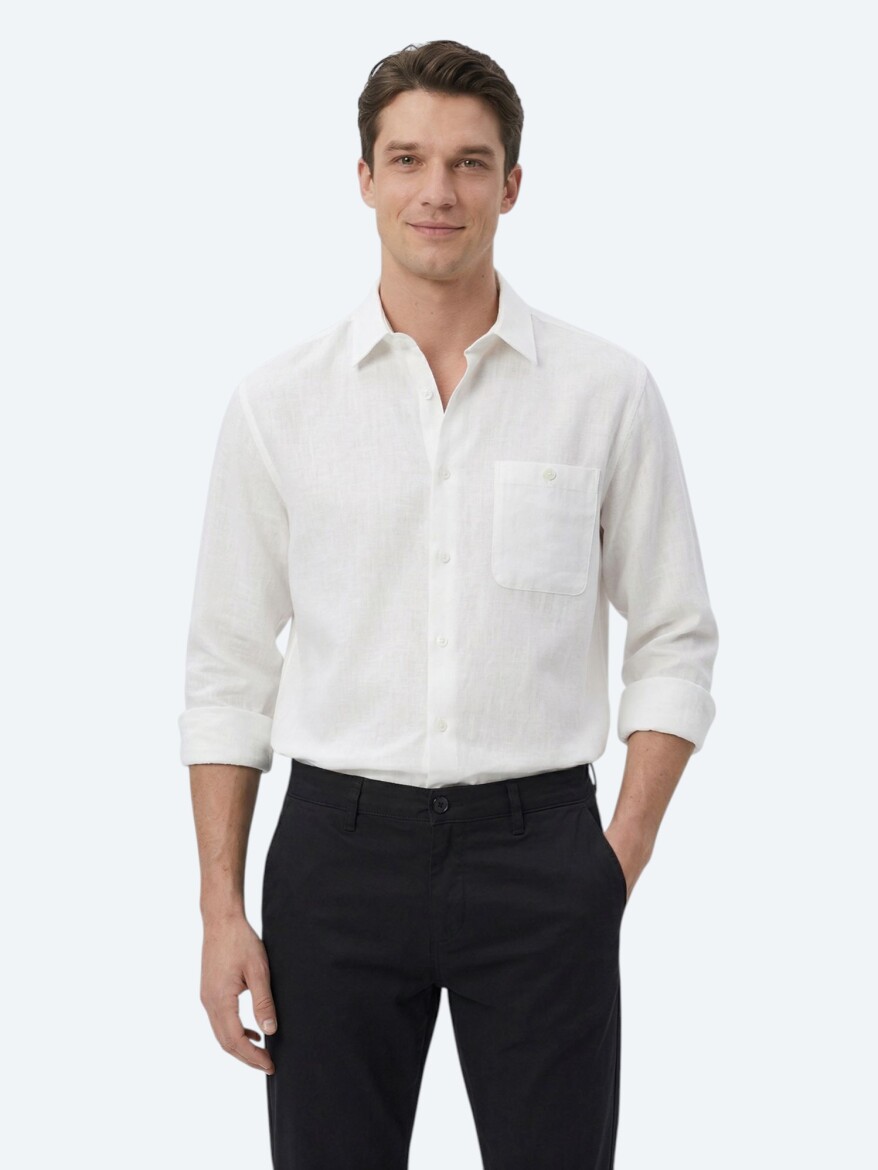 White Plain Oversize Fit Long Weaving Casual Shirt - 1