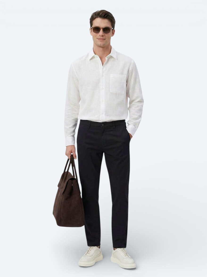 White Plain Oversize Fit Long Weaving Casual Shirt - 3