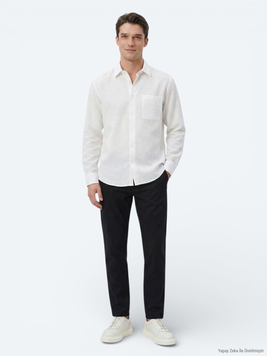 White Plain Oversize Fit Long Weaving Casual Shirt - 2