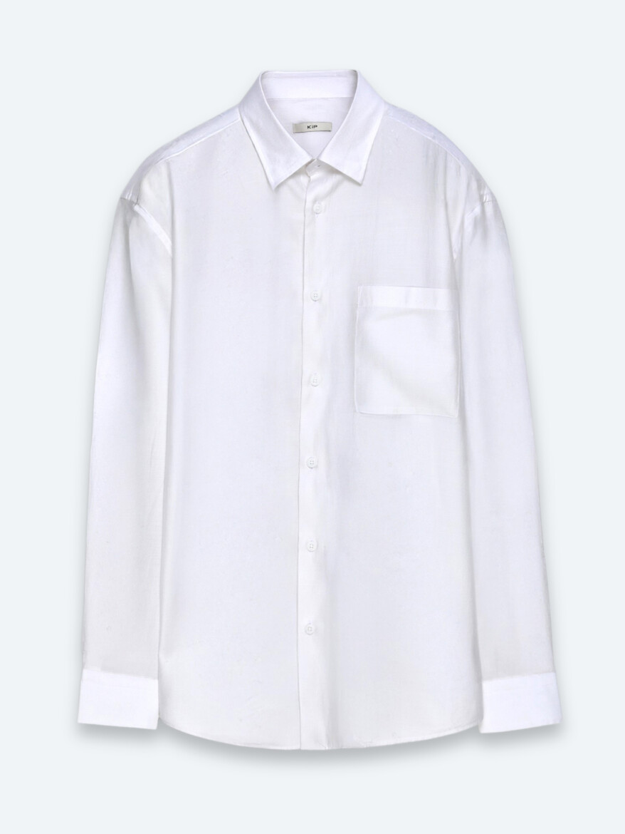 White Plain Oversize Fit Long Weaving Casual Shirt - 6