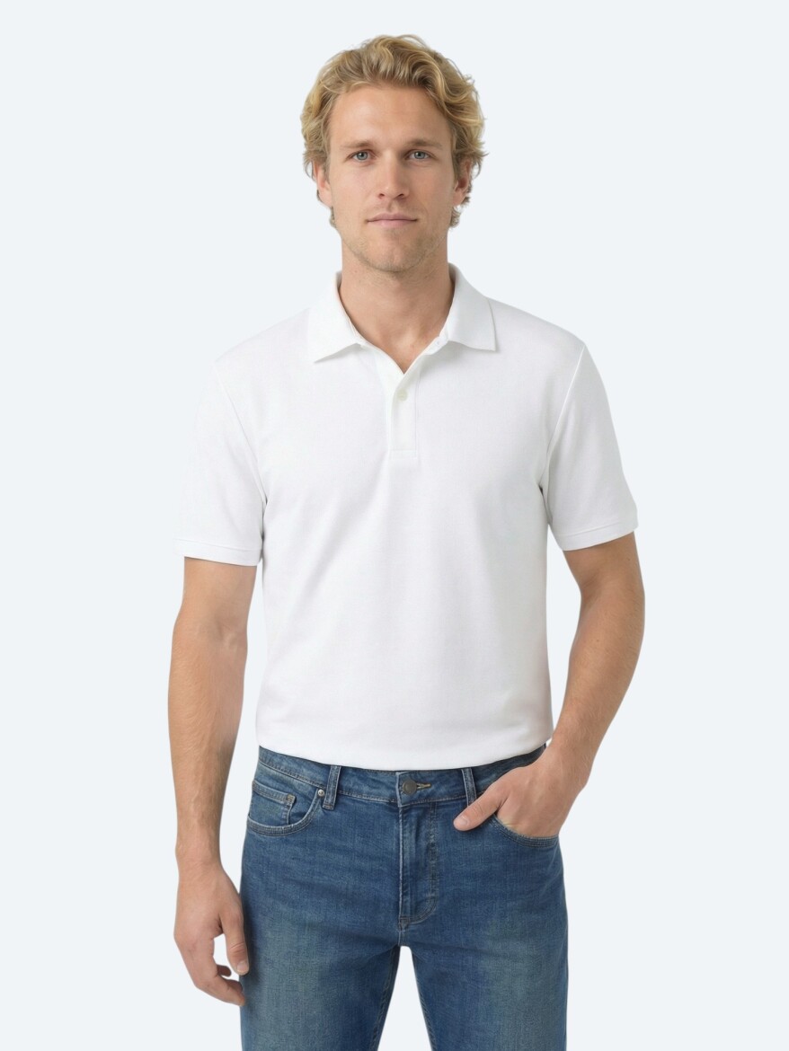White Plain Polo Neck Cotton Blended T-Shirt - KİP