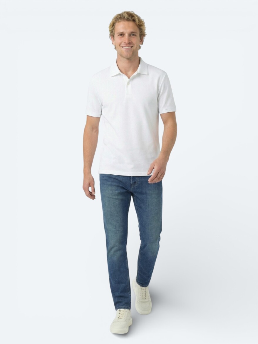 White Plain Polo Neck Cotton Blended T-Shirt - KİP