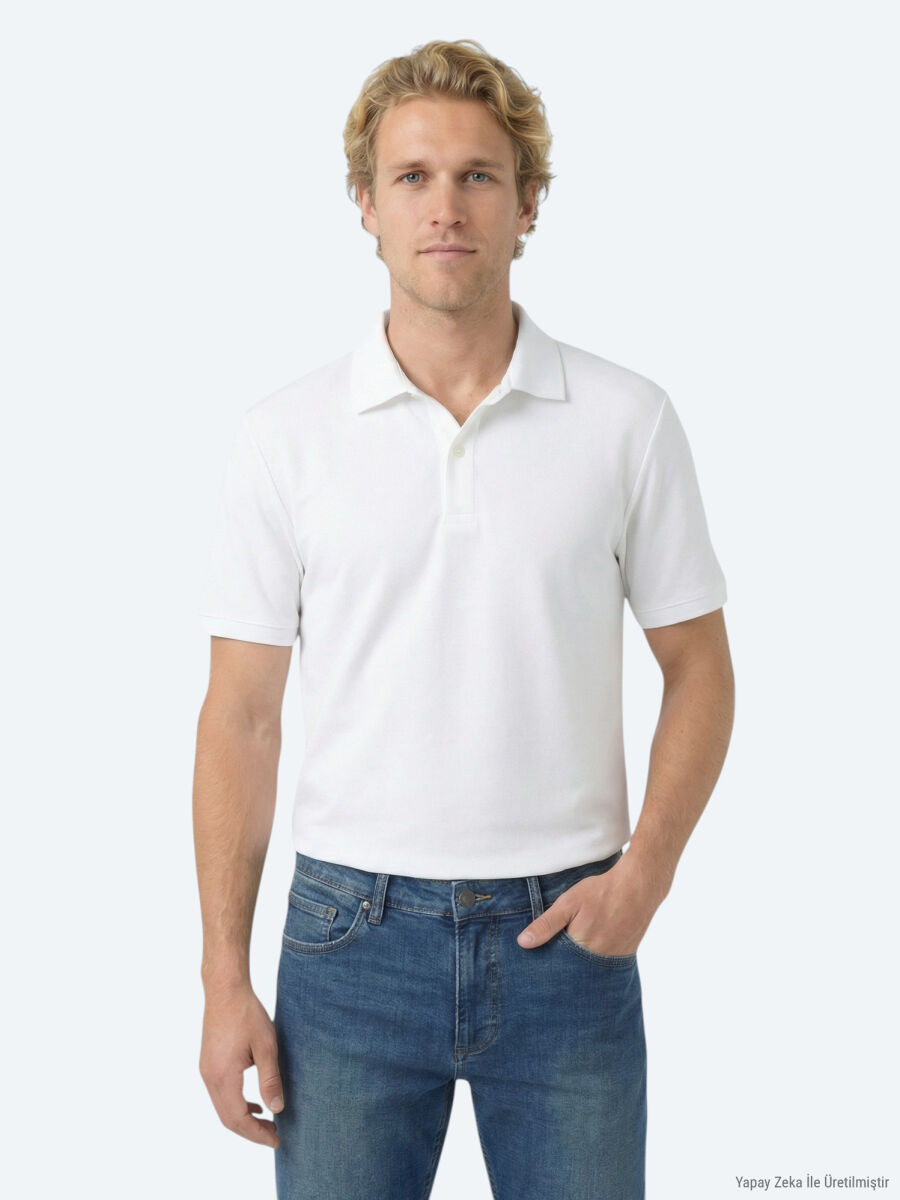 White Plain Polo Neck Cotton Blended T-Shirt - 1