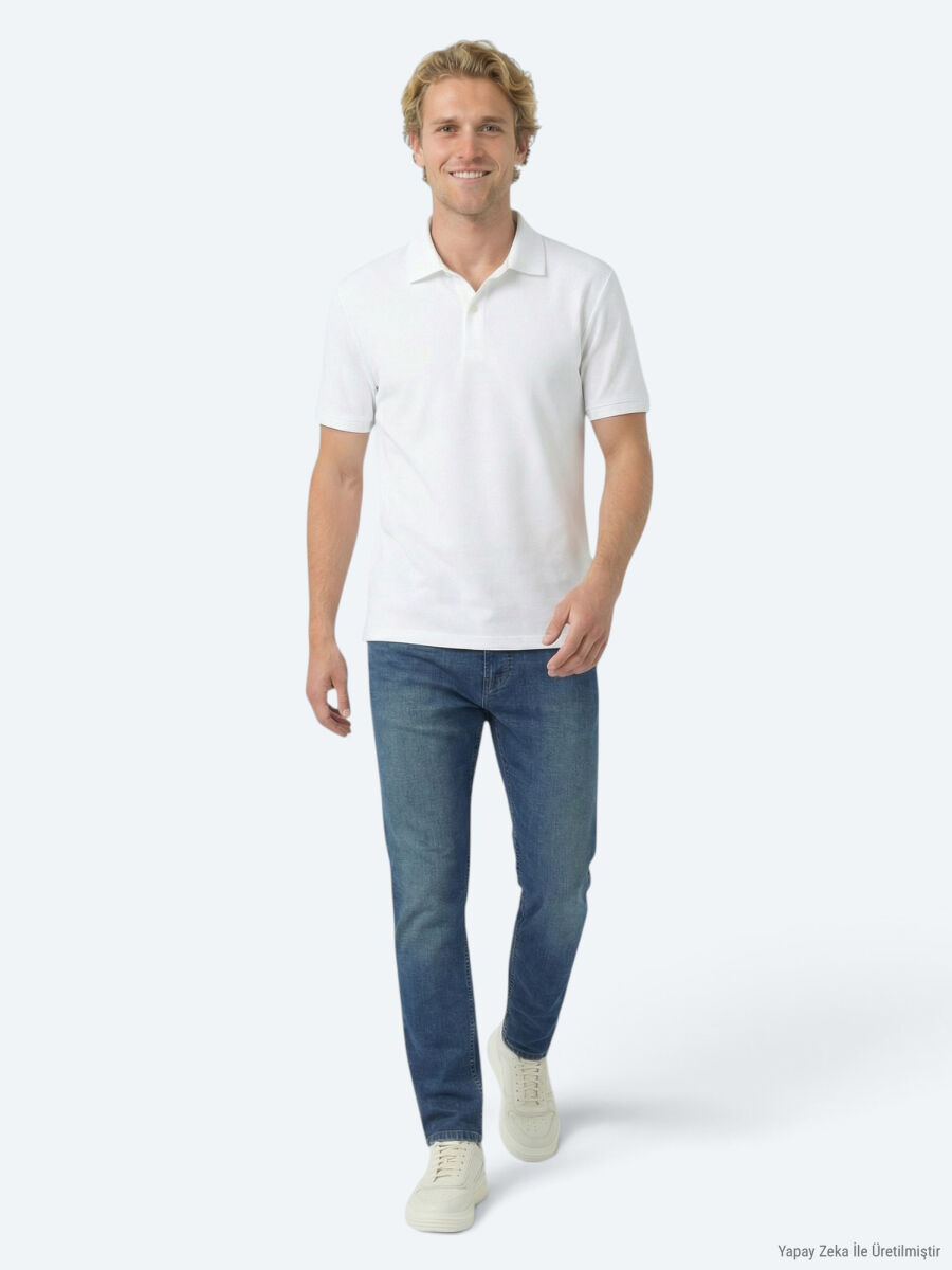 White Plain Polo Neck Cotton Blended T-Shirt - 2