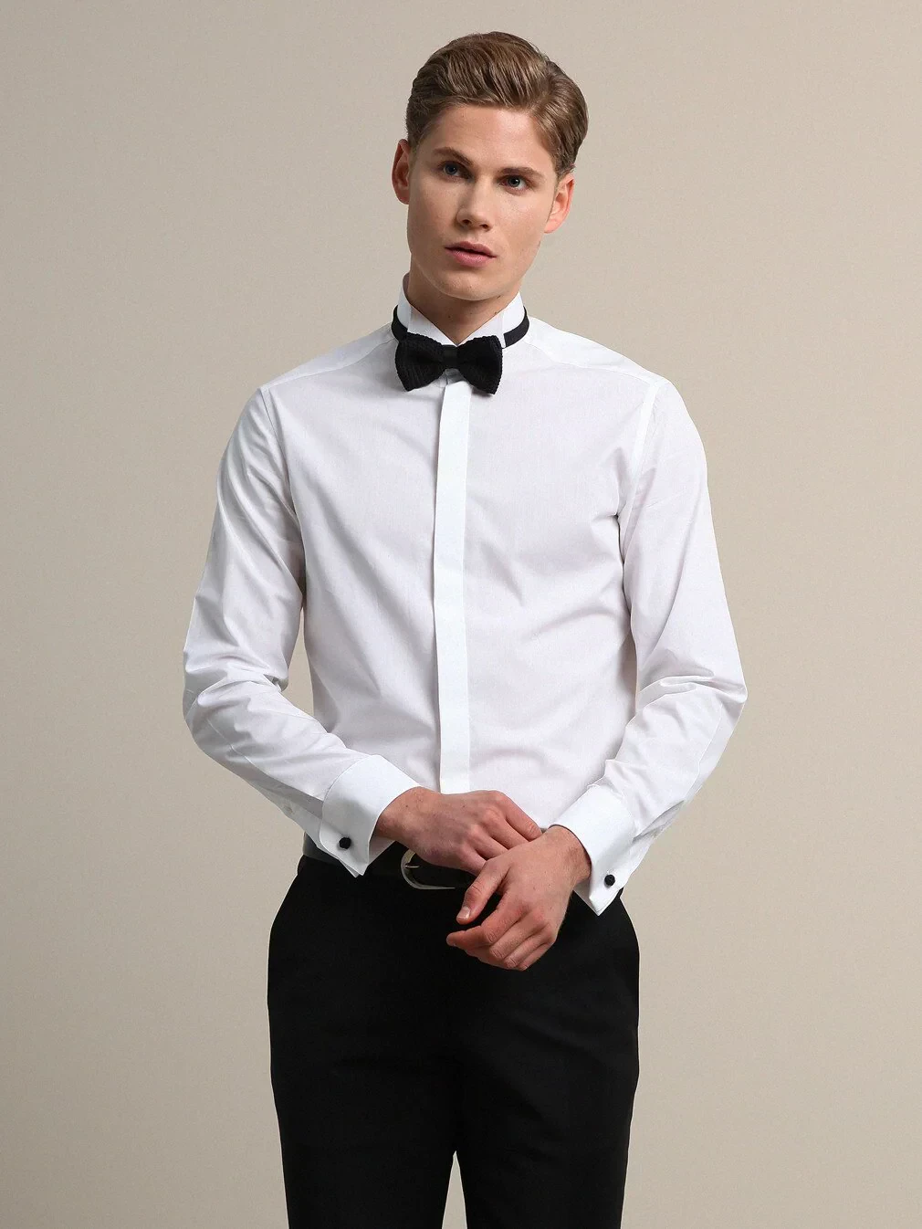 White Plain Regular Fit Double Cuff Wing Collar Tuxedo Shirts - 2