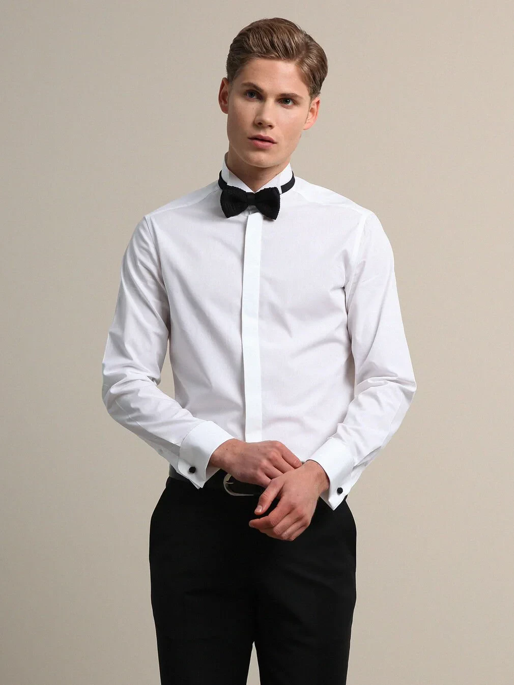 White Plain Regular Fit Double Cuff Wing Collar Tuxedo Shirts - 2