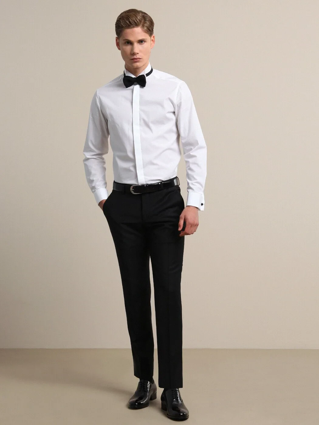 White Plain Regular Fit Double Cuff Wing Collar Tuxedo Shirts - 3