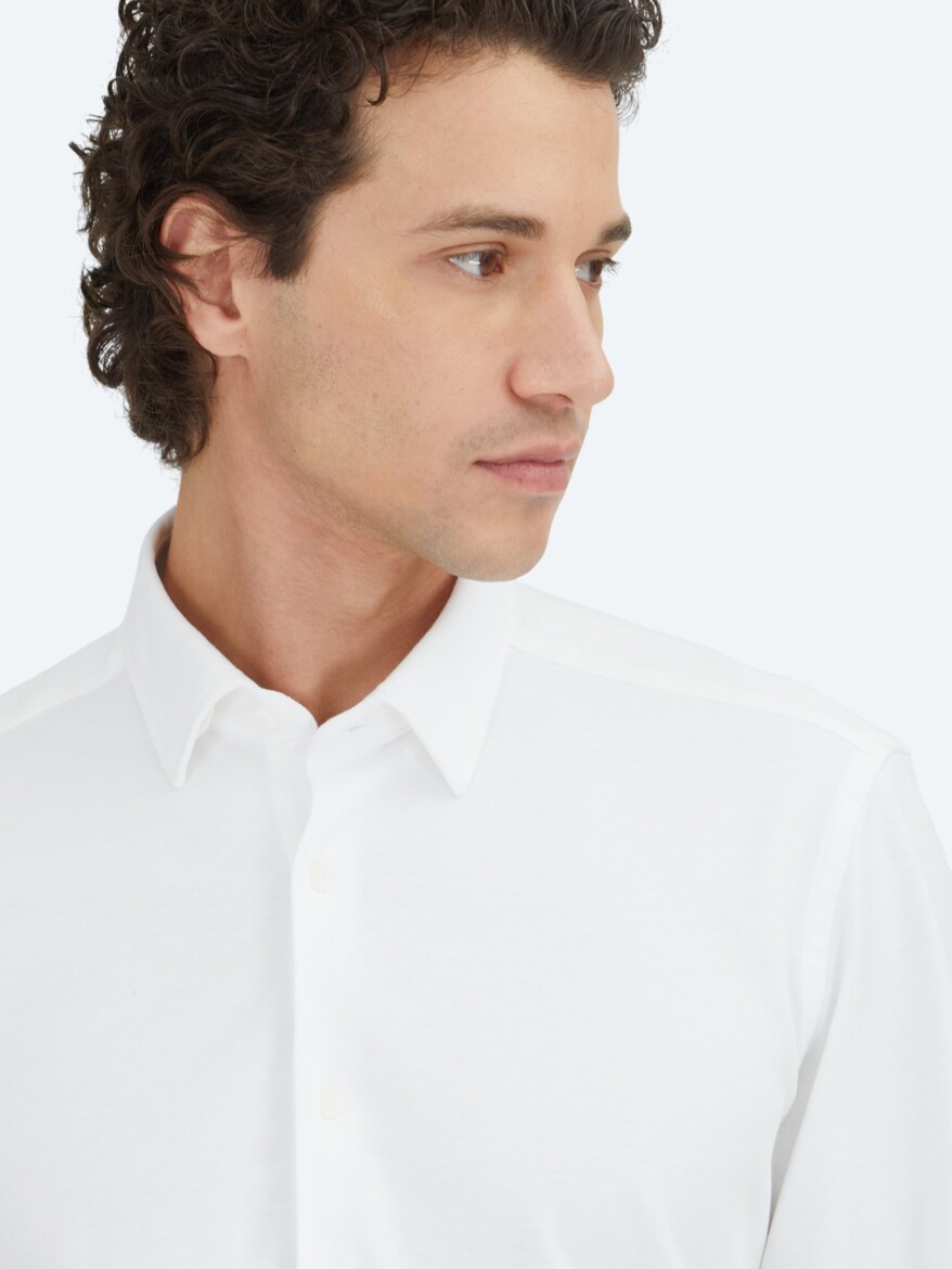 White Plain Regular Fit Knitting Casual 100% Cotton Shirt - 3