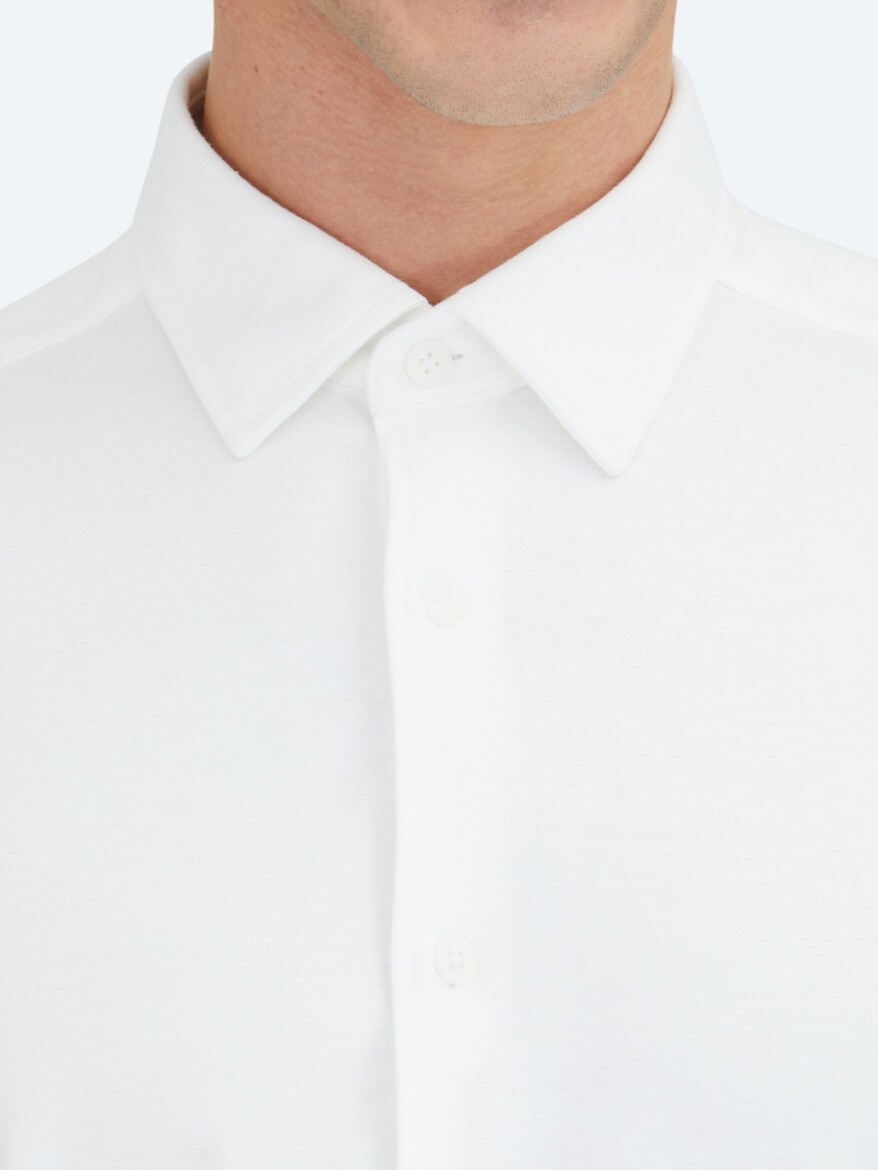 White Plain Regular Fit Long Knitting Casual 100% Cotton Shirt - 4