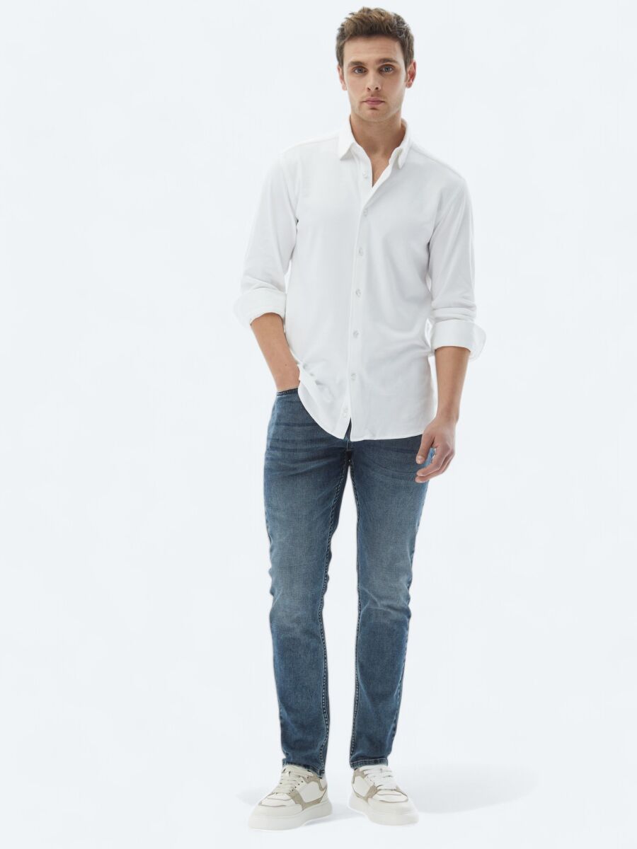 White Plain Regular Fit Long Weaving Casual 100% Cotton Shirt - 2