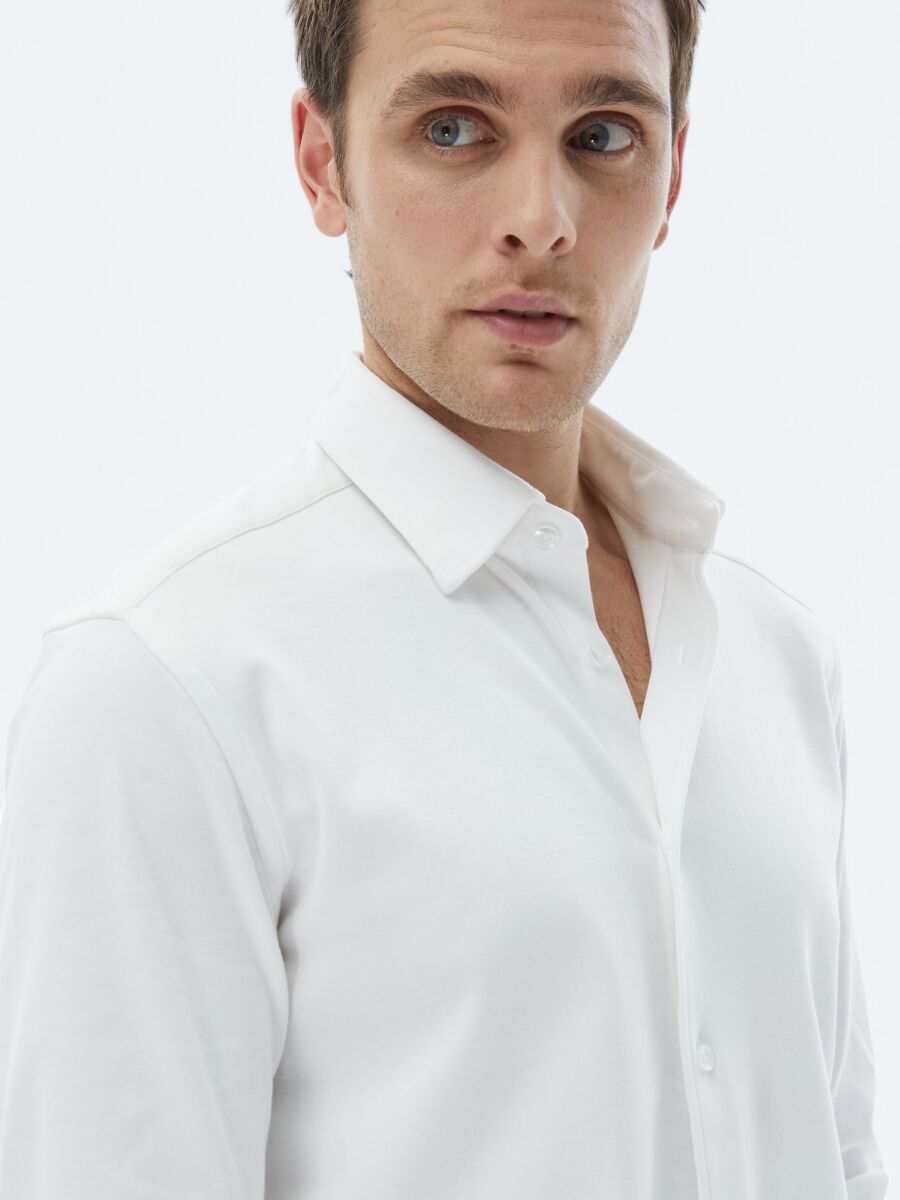 White Plain Regular Fit Long Weaving Casual 100% Cotton Shirt - 4