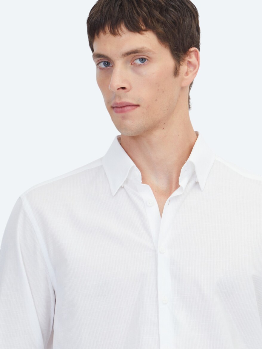 White Plain Regular Fit Long Weaving Casual 100% Cotton Shirt - 3