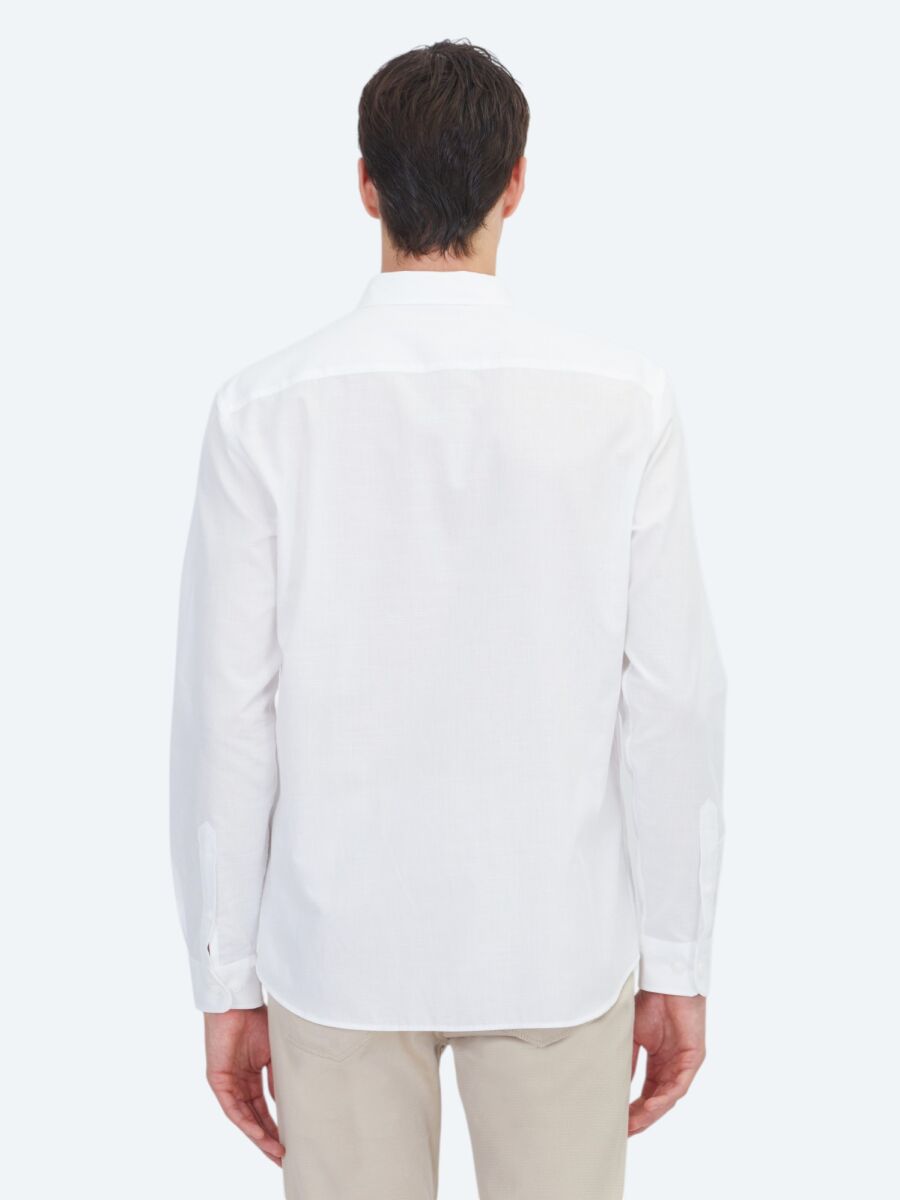 White Plain Regular Fit Long Weaving Casual 100% Cotton Shirt - 5