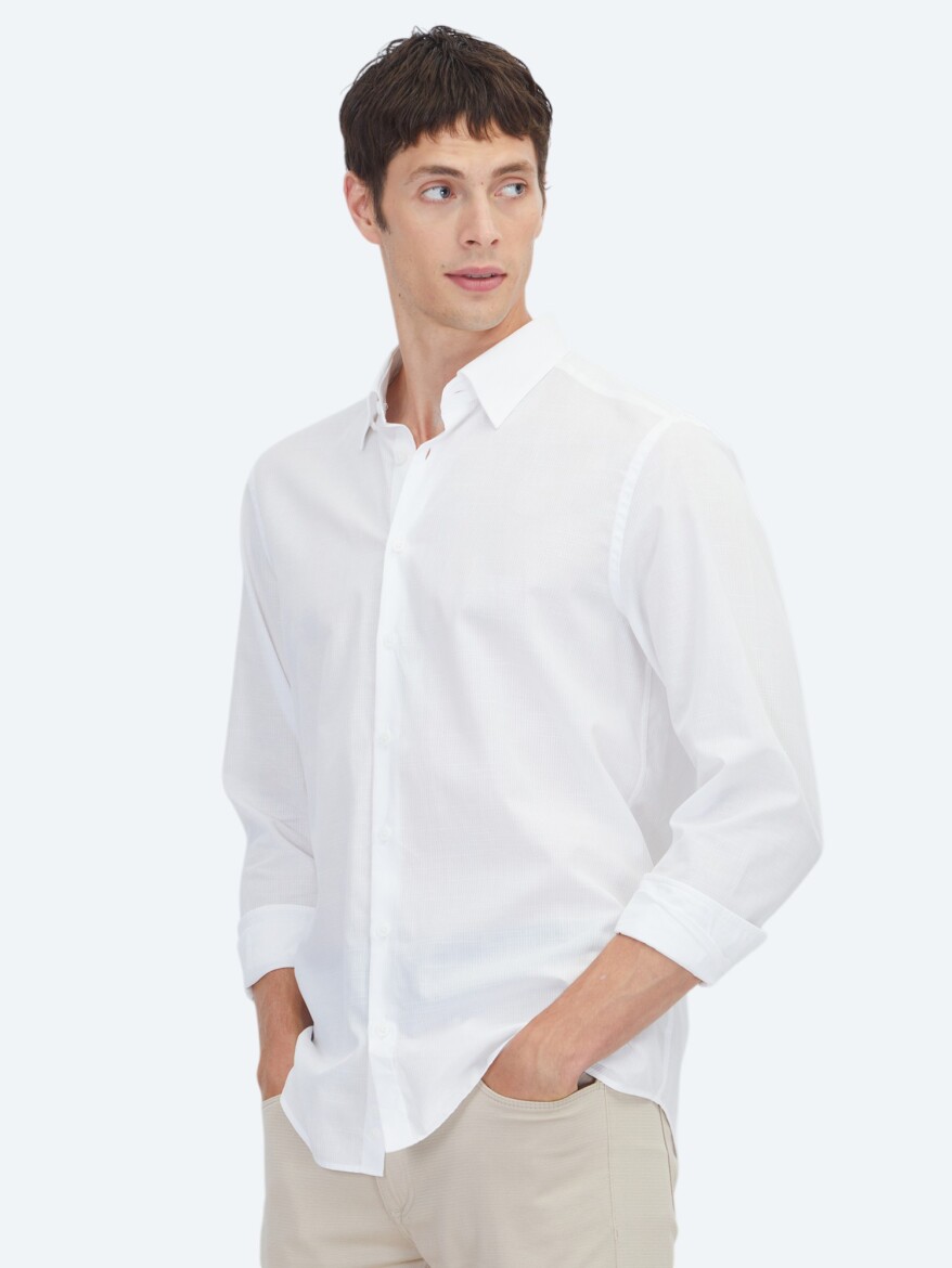 White Plain Regular Fit Long Weaving Casual 100% Cotton Shirt - KİP