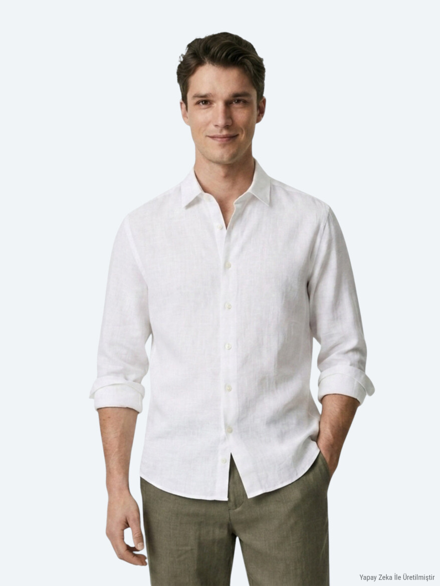 White Plain Regular Fit Long Weaving Casual 100% Cotton Shirt 