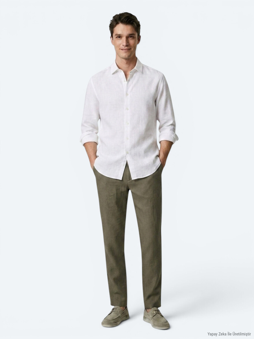 White Plain Regular Fit Long Weaving Casual 100% Cotton Shirt - 2