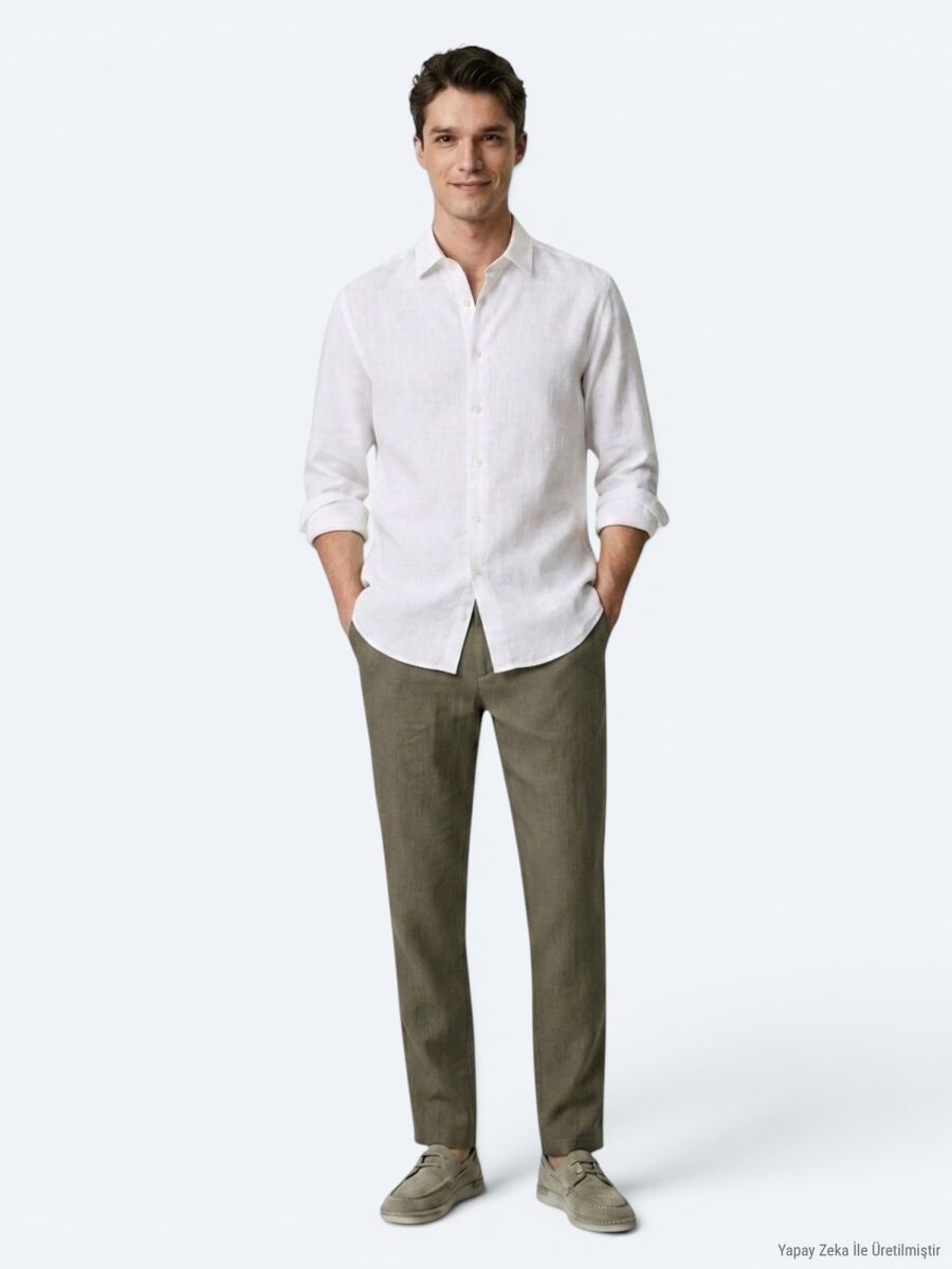 White Plain Regular Fit Long Weaving Casual 100% Cotton Shirt - 2