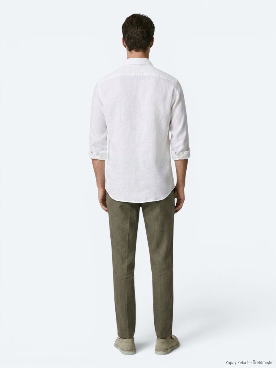 White Plain Regular Fit Long Weaving Casual 100% Cotton Shirt - 5