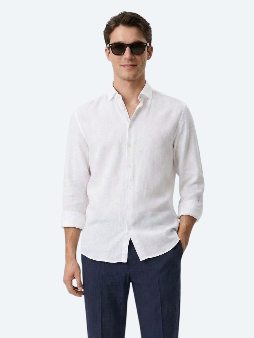 White Plain Regular Fit Long Weaving Casual Cotton Blended Shirt 