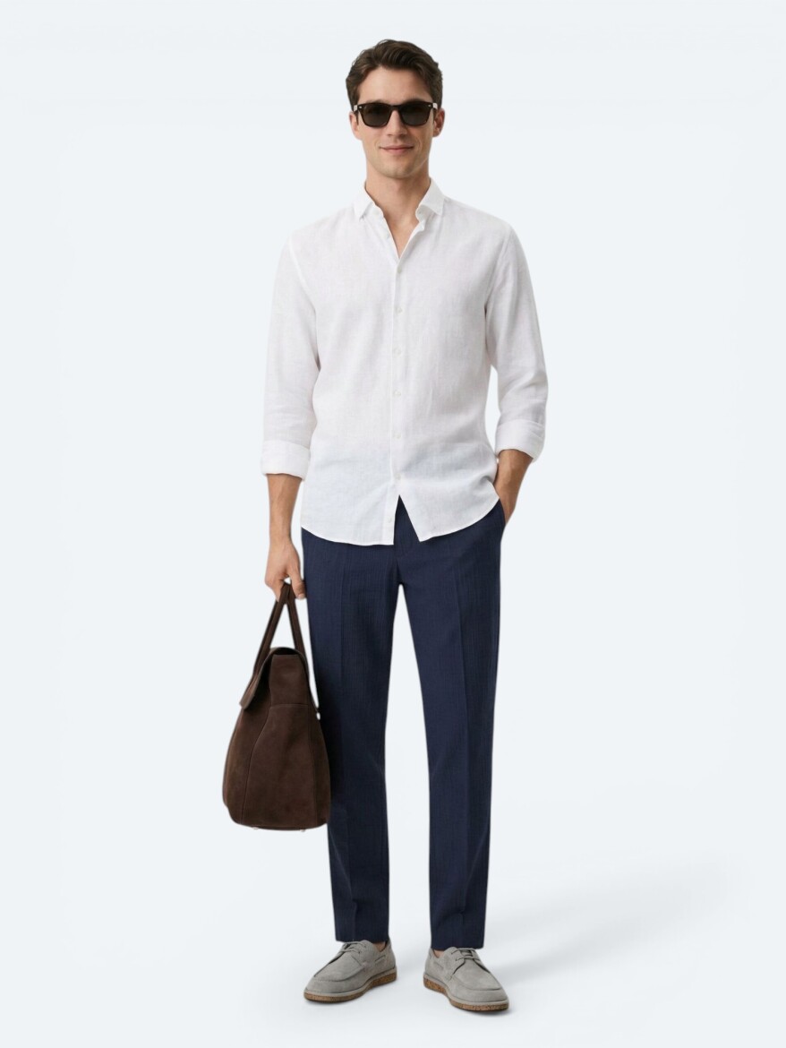 White Plain Regular Fit Long Weaving Casual Cotton Blended Shirt - 2