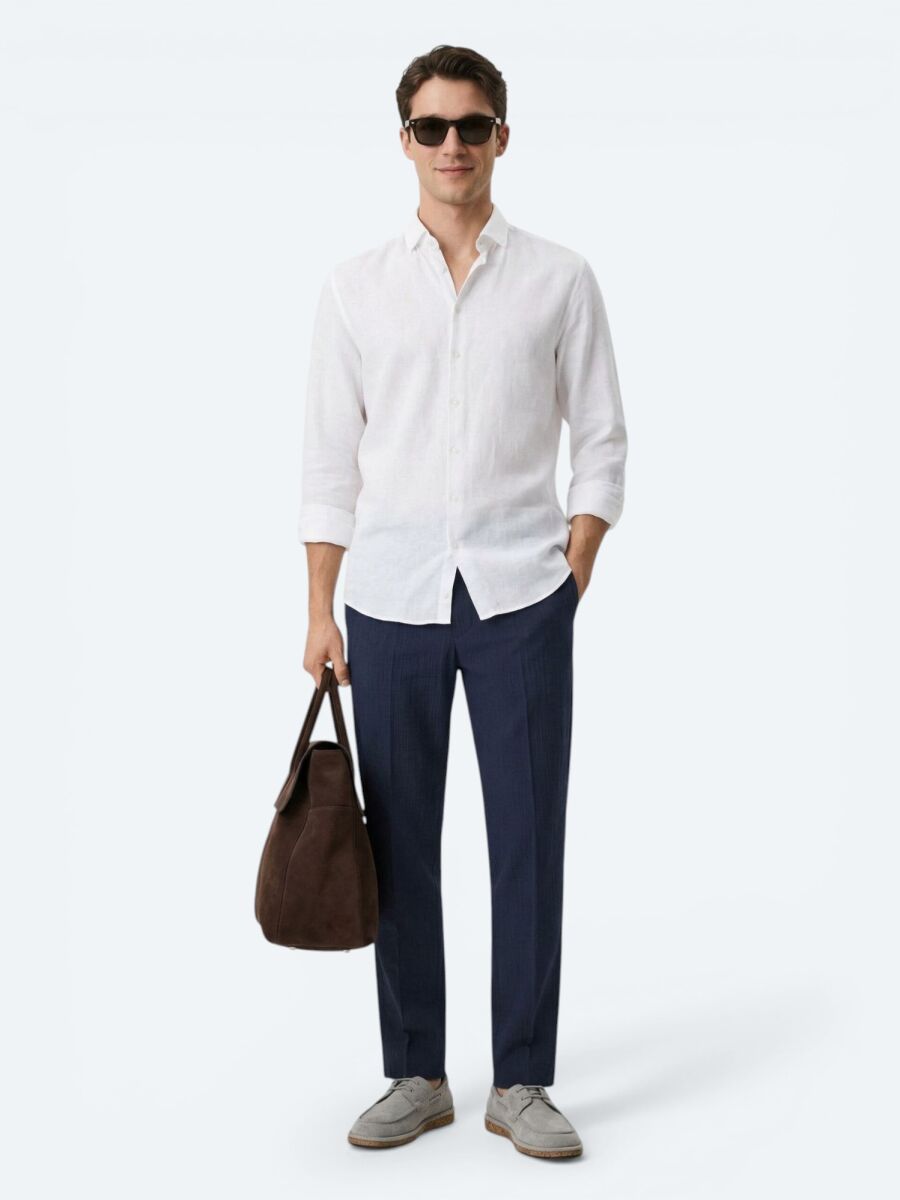 White Plain Regular Fit Long Weaving Casual Cotton Blended Shirt - 2