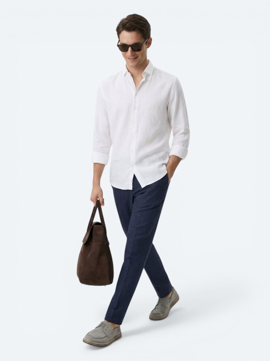 White Plain Regular Fit Long Weaving Casual Cotton Blended Shirt - 3