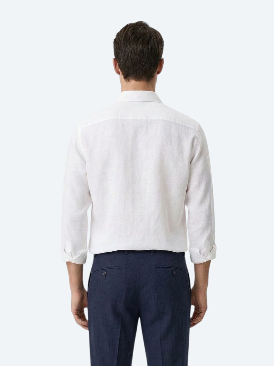 White Plain Regular Fit Long Weaving Casual Cotton Blended Shirt - 5